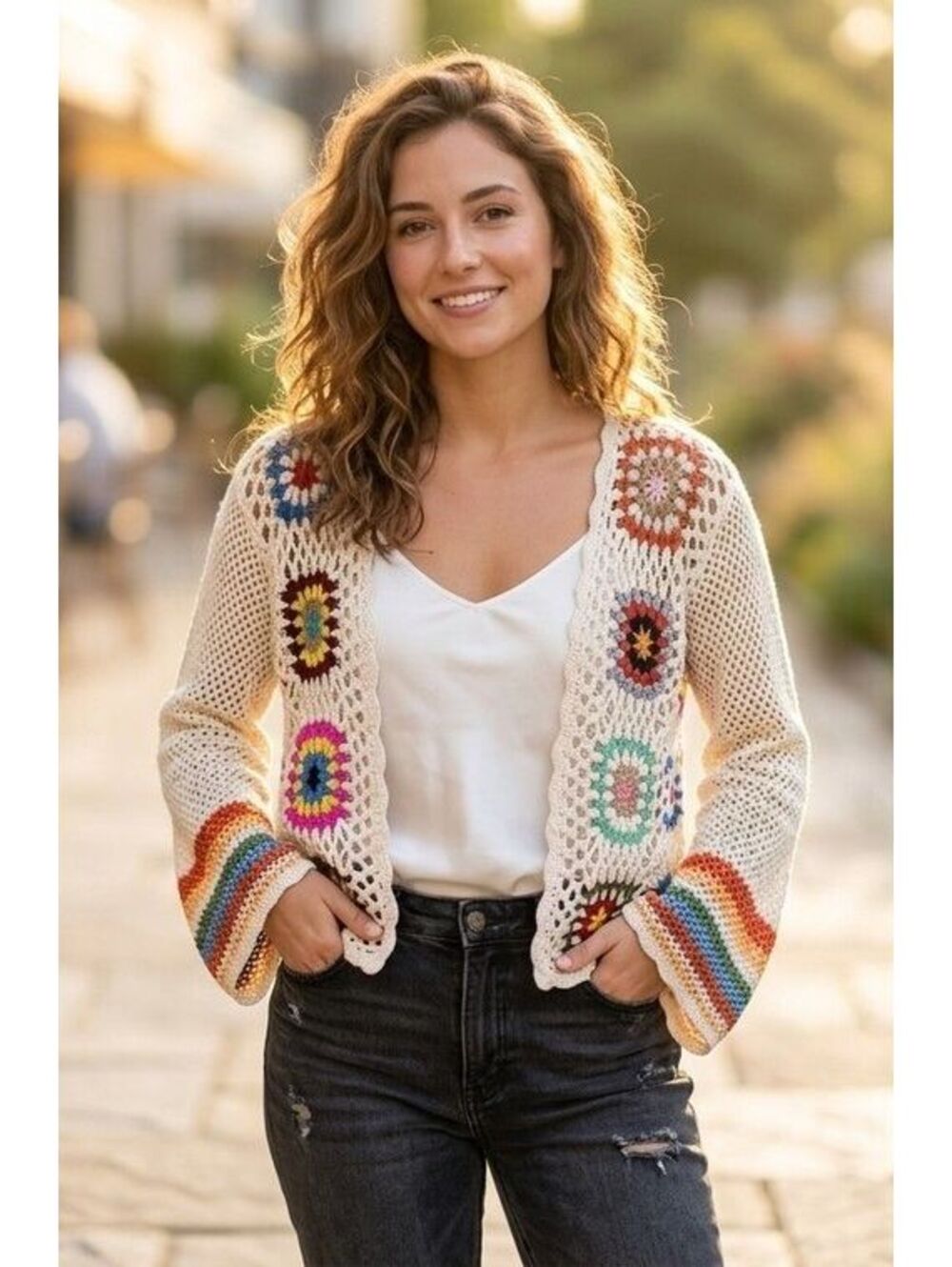 Fashion Nova Womens Crochet Cardigan Large Cream Granny Square Boho Open Knit